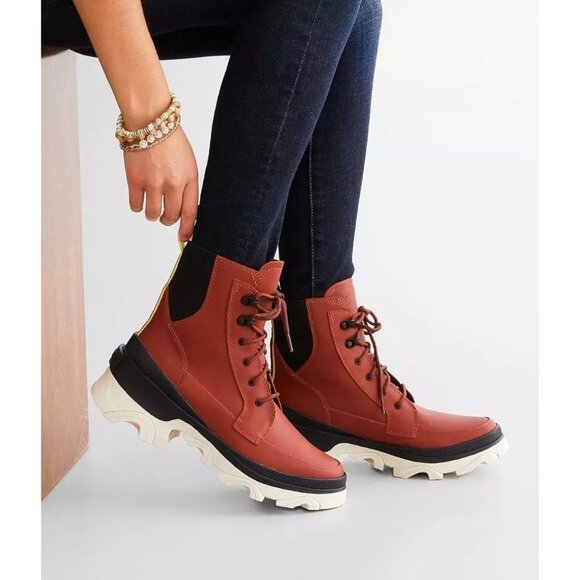 Sorel Brex Red Waterproof Leather Lace-Up Ankle Boots Womens Lug Sole Size 7.5 - Picture 2 of 11